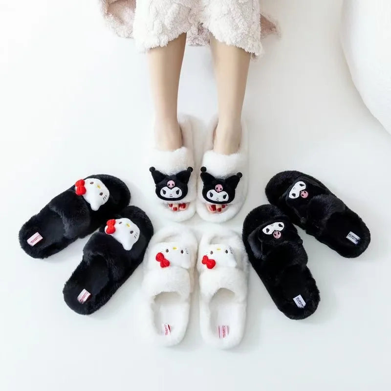 real photos 2025 autumn winter new Couple Home Female hello kitty Kuromi Cute doll fashion women warm fluffy cotton Slippers