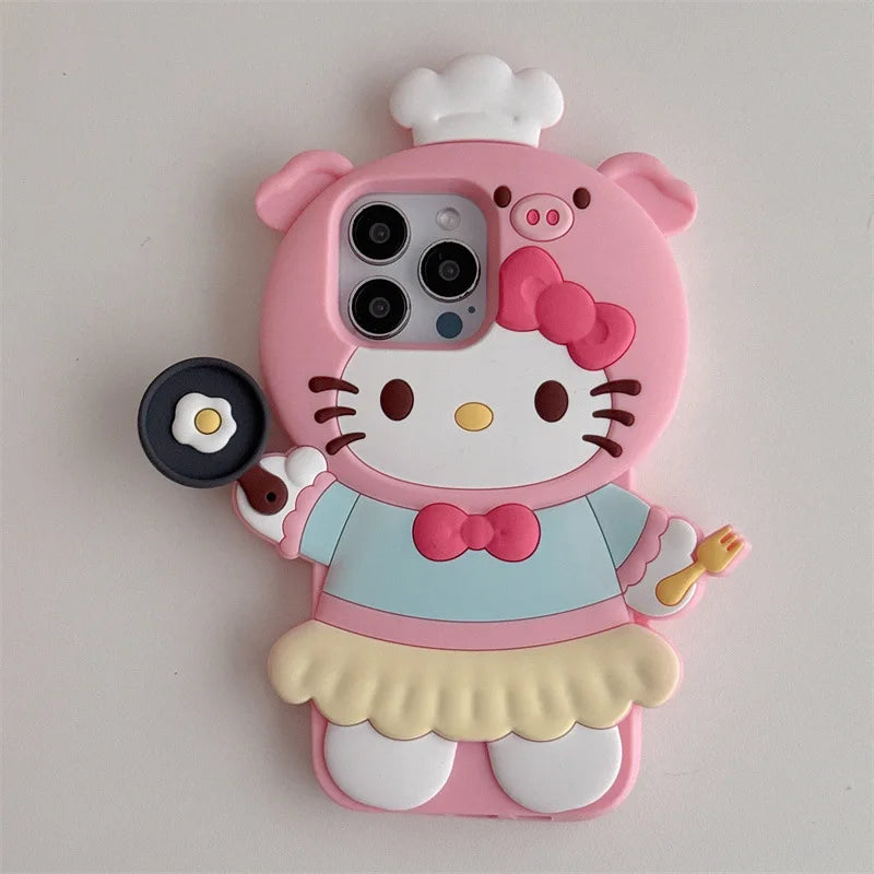 3D Kawaii Cute Cartoon Hello Kitty Chef Phone Case For iPhone 16 15 14 13 12 Pro Max Silicone Soft Shockproof Protective Cover