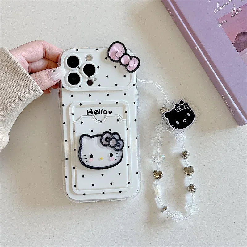 Kawaii Polka Dot Hello Kitty Bowknot Card Slot Bag Holder Phone Case For iPhone 13 15 16 14 Pro Max With Chain Anti-drop Cover