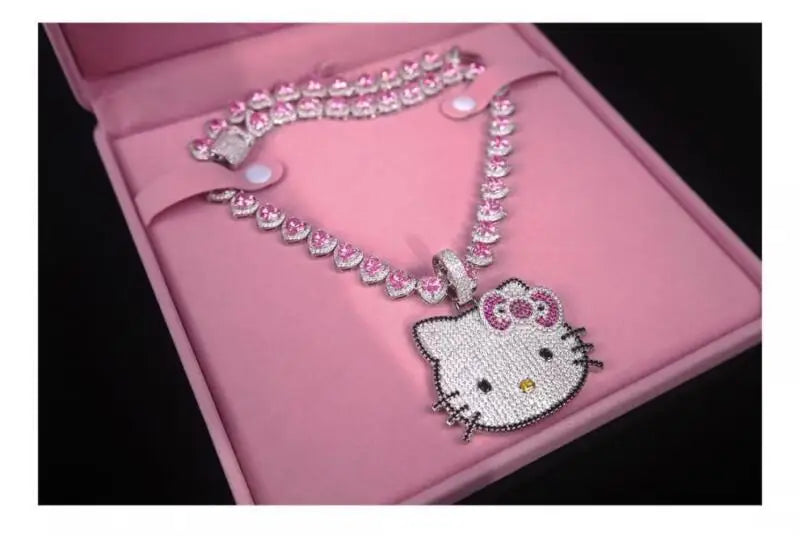 Hello Kitty Full Diamond Pendant Light Luxury Necklace Niche Design Collarbone Chain Couple Cuban Chain Gifts Shiny Decoration