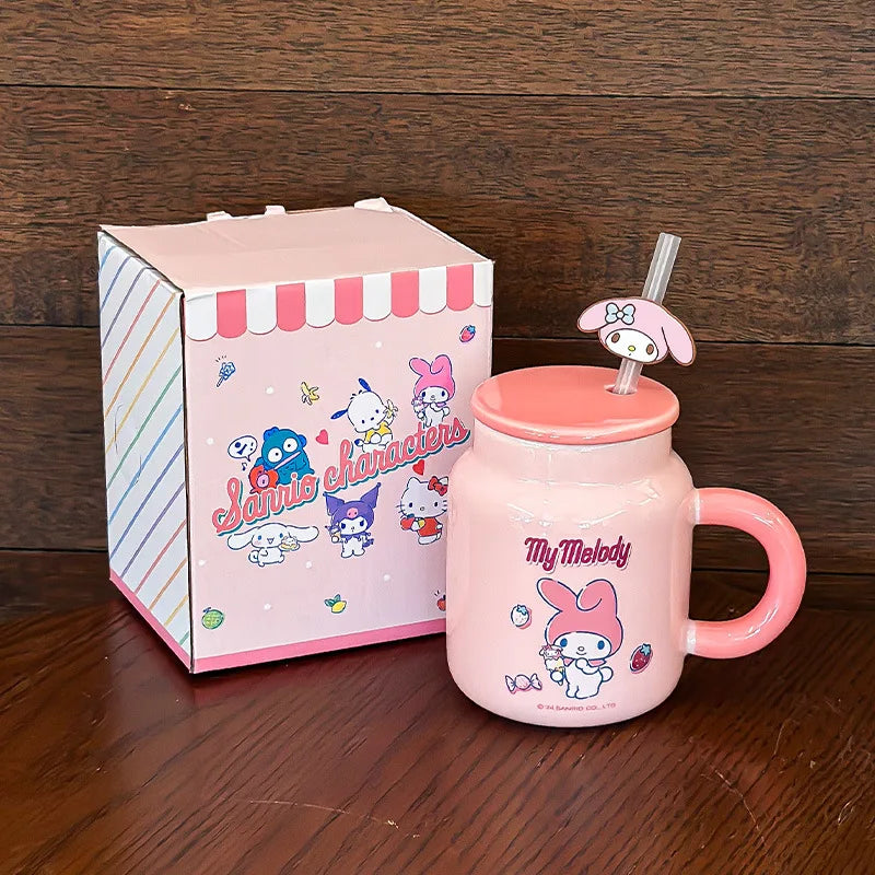 Cute Cartoon Hello Kittys My Melody Ceramic Cup Mug Cup with Lid Cup with Straw Good-Looking Household Coffee Cup Christmas Gift