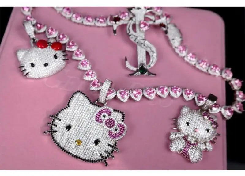 Hello Kitty Full Diamond Pendant Light Luxury Necklace Niche Design Collarbone Chain Couple Cuban Chain Gifts Shiny Decoration