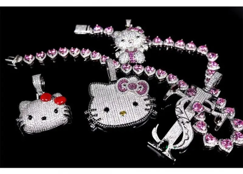Hello Kitty Full Diamond Pendant Light Luxury Necklace Niche Design Collarbone Chain Couple Cuban Chain Gifts Shiny Decoration