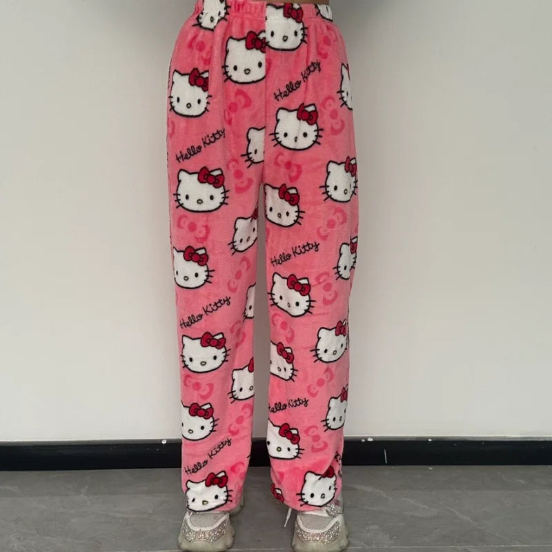Hello Kitty Y2k Kawaii Flannel Pajama Pants Women Autumn Winter Warm Woolen Plush Lined Cartoon Partner Home Lounge Trousers