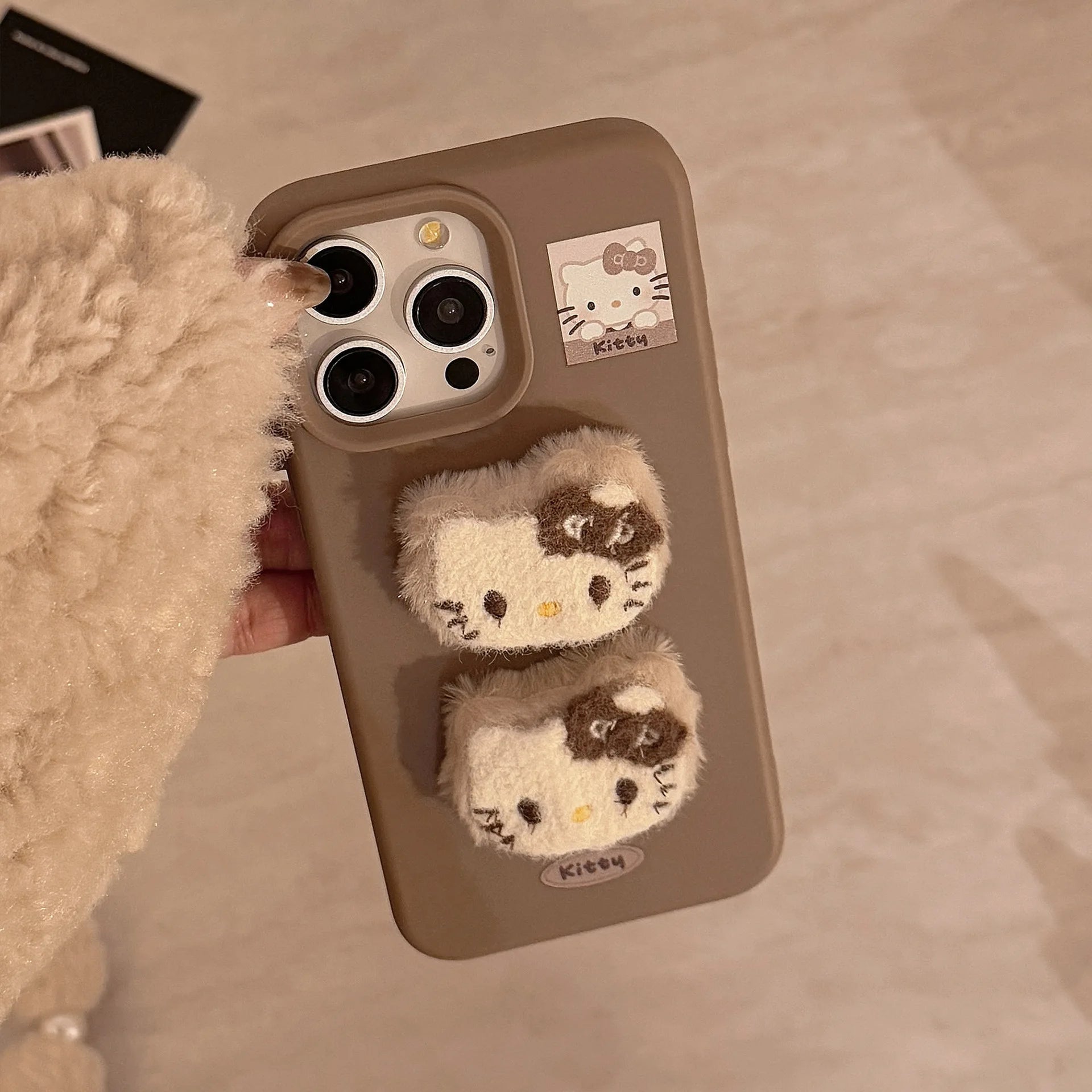 3D Plush Cartoon Hello Kitty Phone Case For iPhone 17 16 15 14 13 12 Pro Max With Hairball Bracelet Shockproof Protective Cover