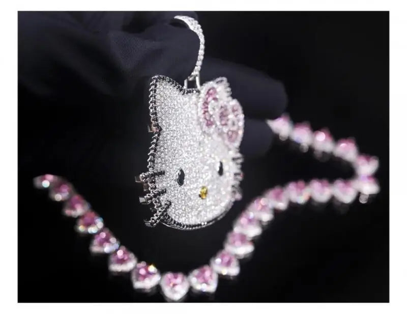 Hello Kitty Full Diamond Pendant Light Luxury Necklace Niche Design Collarbone Chain Couple Cuban Chain Gifts Shiny Decoration