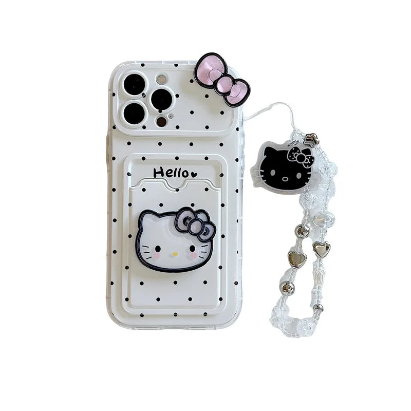 Kawaii Polka Dot Hello Kitty Bowknot Card Slot Bag Holder Phone Case For iPhone 13 15 16 14 Pro Max With Chain Anti-drop Cover