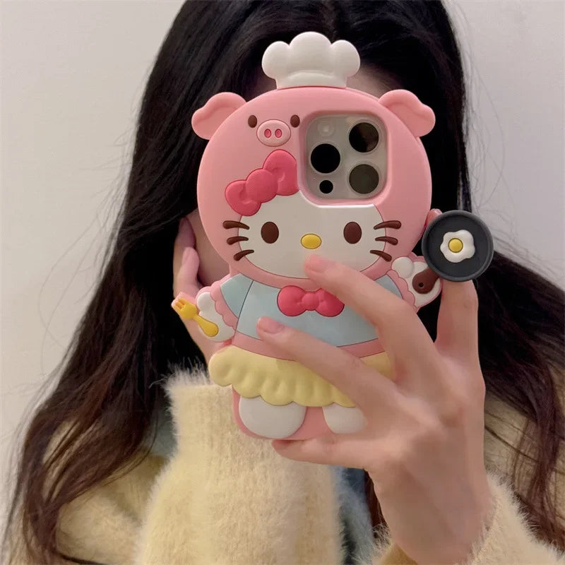 3D Kawaii Cute Cartoon Hello Kitty Chef Phone Case For iPhone 16 15 14 13 12 Pro Max Silicone Soft Shockproof Protective Cover